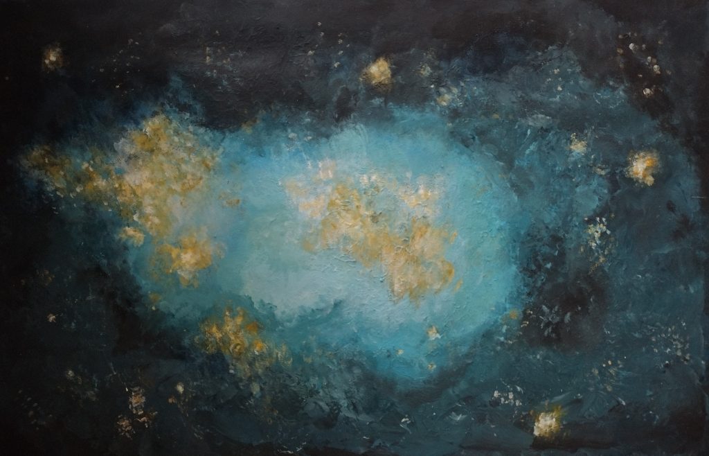 Praca malarska przedstawiająca galaktykę.